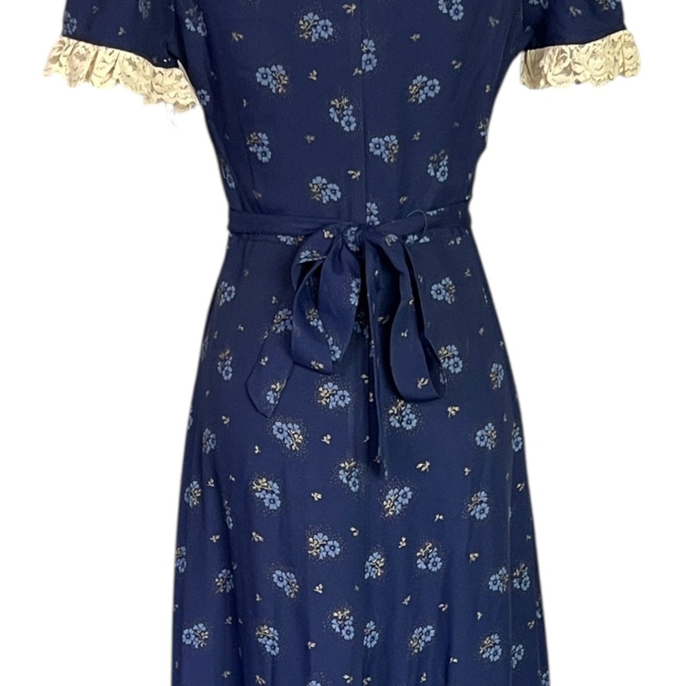 Vintage Navy Blue Floral Maxi Dress Lace Trim Tie Back Cottagecore Prairiecore - Picture 7 of 7